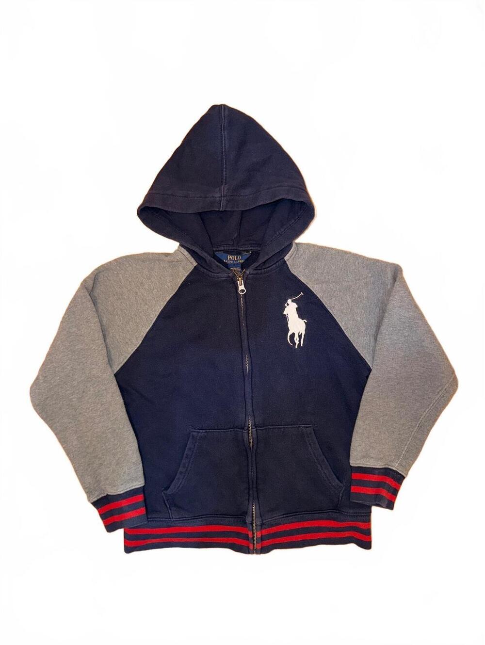 Polo Ralph Lauren Navy Grey Color Block Zip Hoodie Big Pony Kids Size L